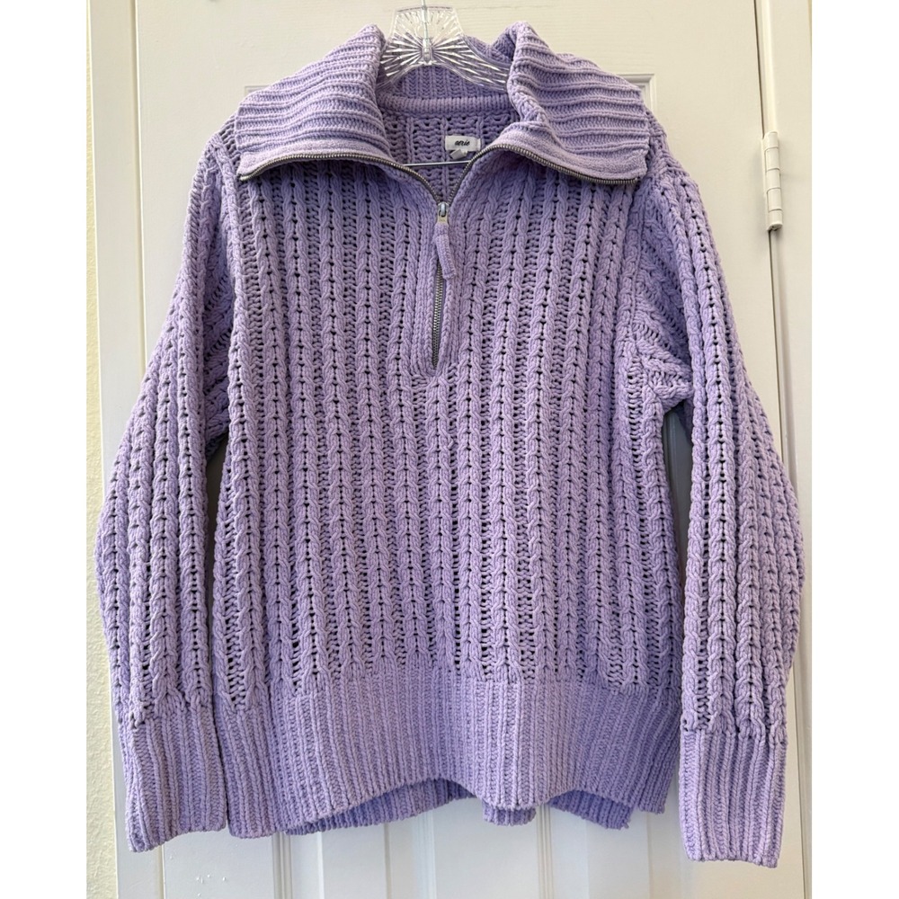 Aerie Womens Lavender Chenille Chunky Cable Knit Quarter Zip Sweater Small